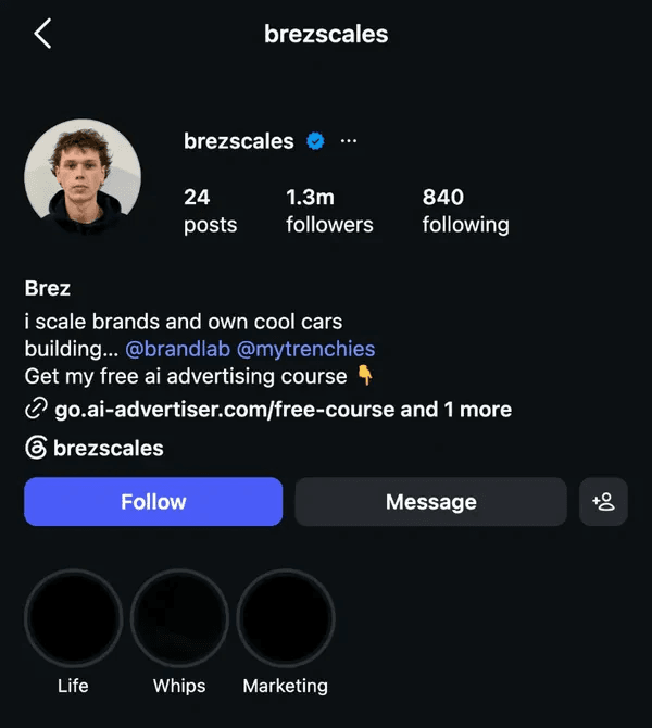 Instagram profile of a faceless course creator account