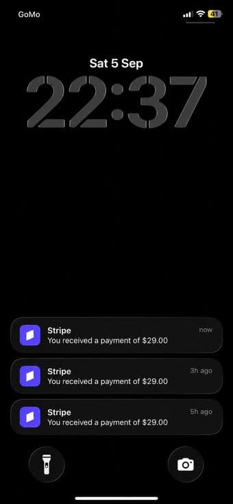 Phone lock screen with Stripe payment notifications