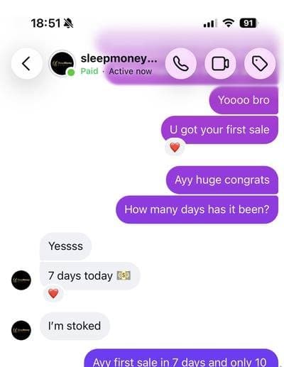 DM screenshot: student celebrating their first sale seven days in