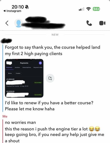 DM screenshot: student thanking the course for landing their first high-paying clients